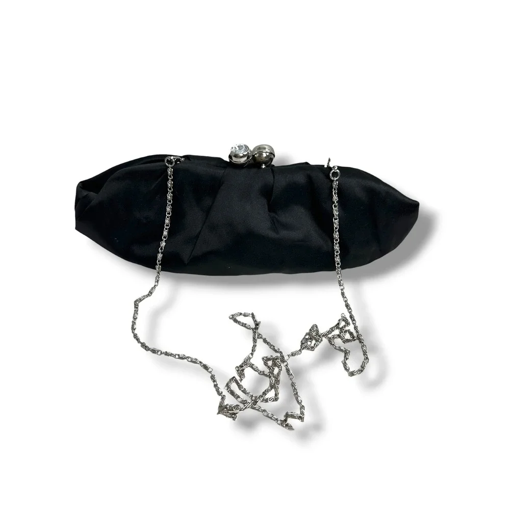 Unbranded Evening Clutch Women Small Black Satin Rhinestone Kiss Lock